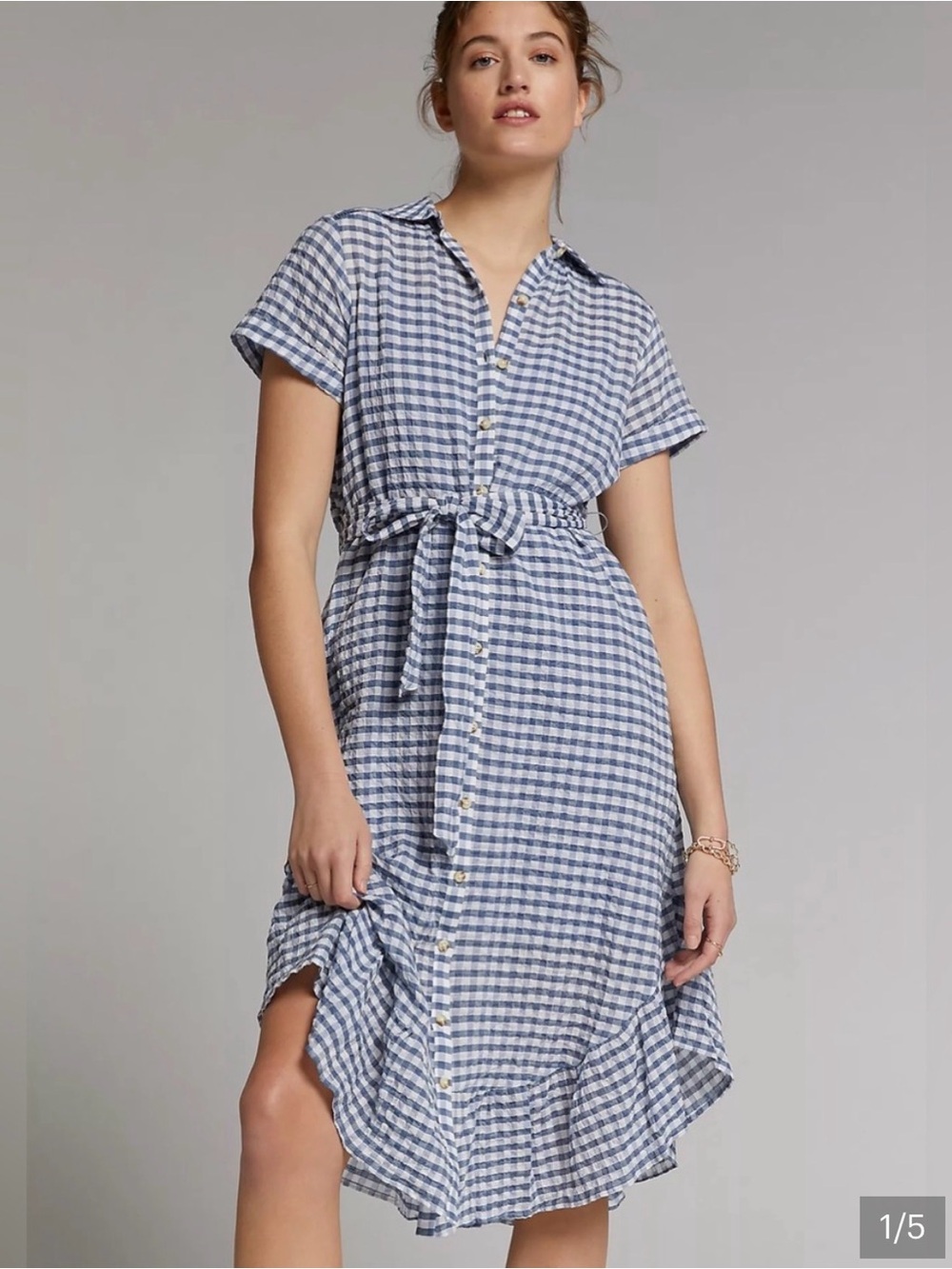 Anthropologie Blue and White Gingham Tie-Waist Midi Dress
